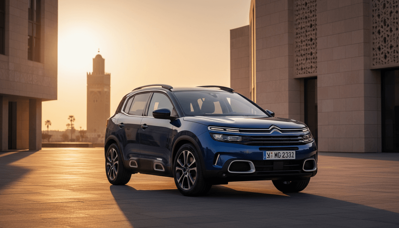 Luxurious Citroën C5 Aircross 2025 displayed in front of Rabat's iconic architecture during golden hour